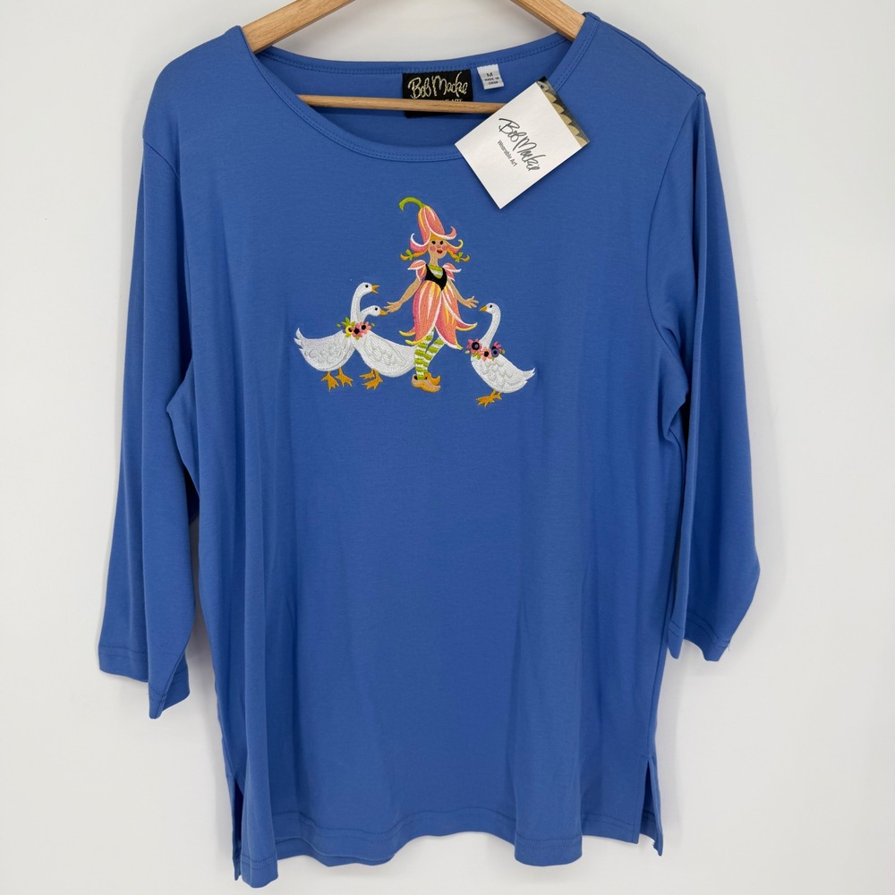 Bob Mackie Wearable Art Blue Embroidered Fairy Geese Cotton Top Medium NWT